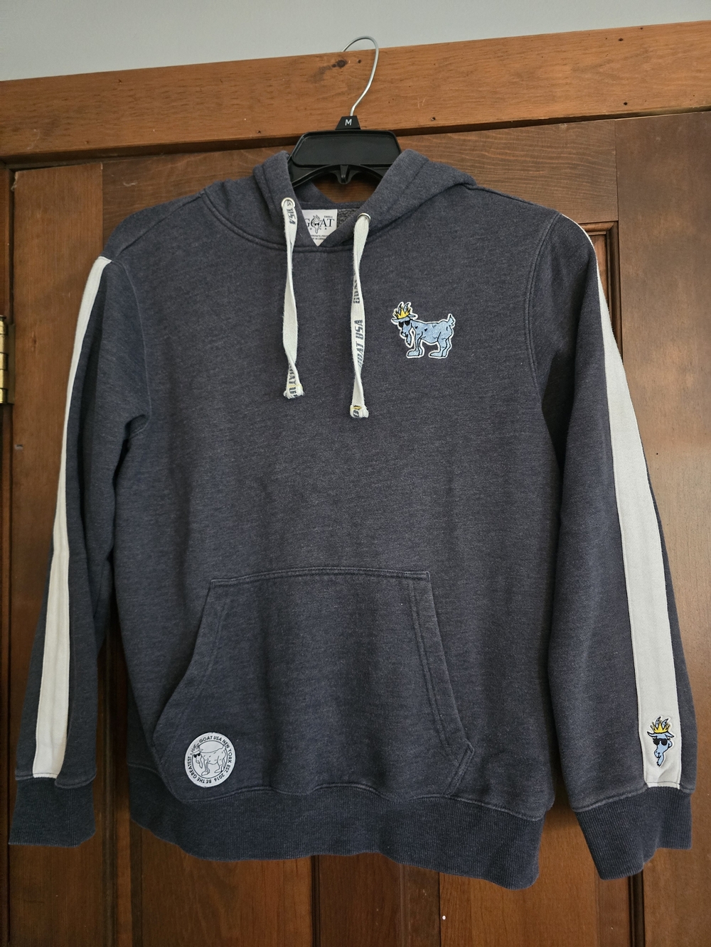 O GOAT USA Navy Pullover Hoodie with Light Gray Stripes and Goat Patch Small